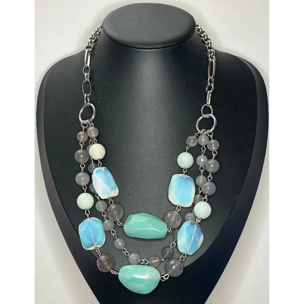Lia Sophia Kiam Family Multi Strand Statement Necklace Blue Green Stone 22 Inch
